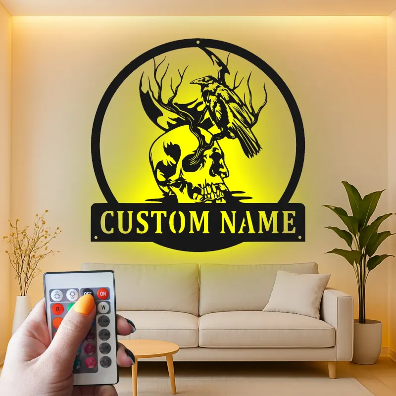 Insegna LED gotica con corvo e teschio | Arte murale in metallo personalizzata | Regalo horror personalizzato e arredo per man cave