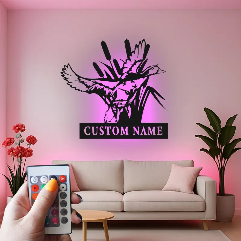 Décoration murale en métal personnalisée avec un canard dans des roseaux en rétroéclairage - Cadeau personnalisé pour les amoureux de la nature, décoration de cabane ou de chalet