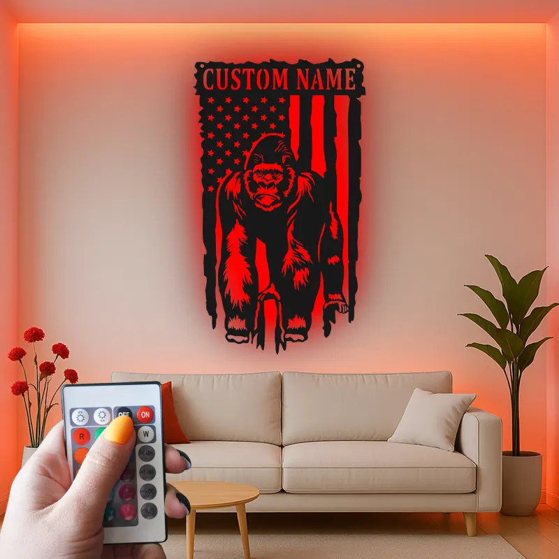 Panneau en métal personnalisé gorille | Décoration murale LED drapeau américain | Déco personnalisée pour man cave | Cadeau pour amoureux de la faune