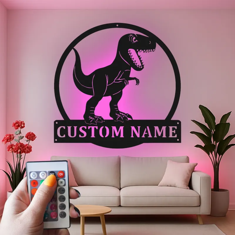 Cartel de metal personalizado de luz LED de dinosaurio T-Rex regalo personalizado para la habitación o sala de juegos de los niños 1