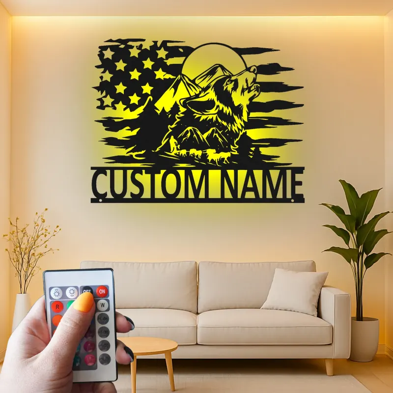 Custom Wolf Howling with Mountains Led Light Metal Wall Art Personalized Gift for Nature Lovers Rustic Cabin Decor