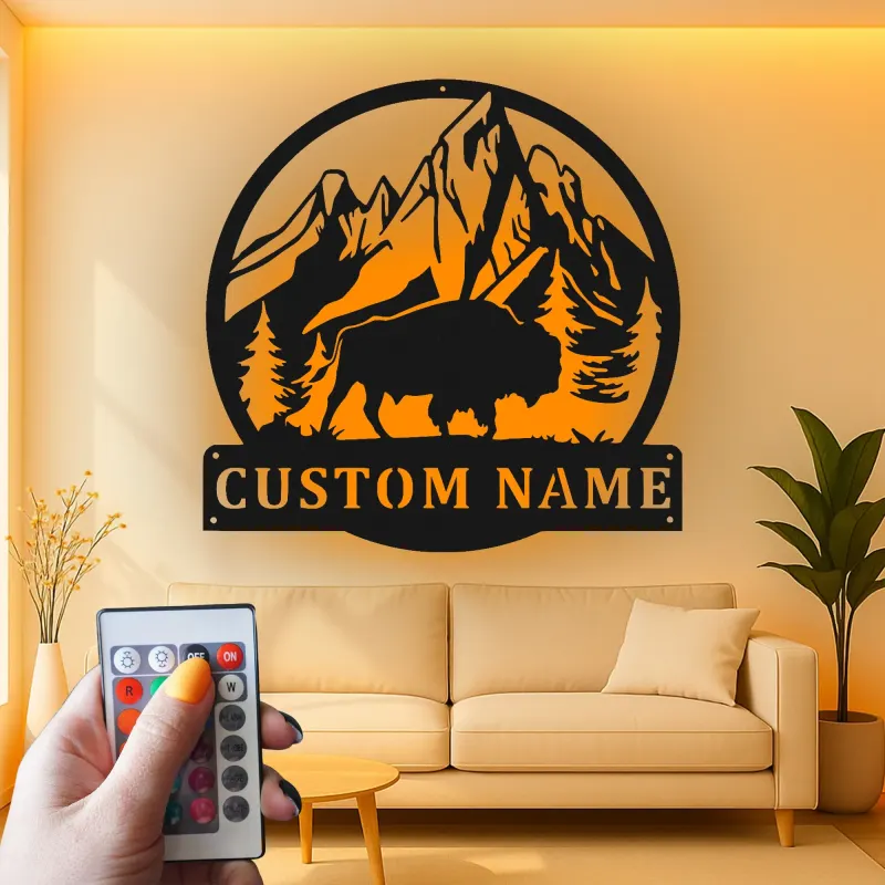 Cartel de metal LED personalizado de Bisonte y Montaña, regalo para amantes de la naturaleza, decoración rústica de cabaña 1