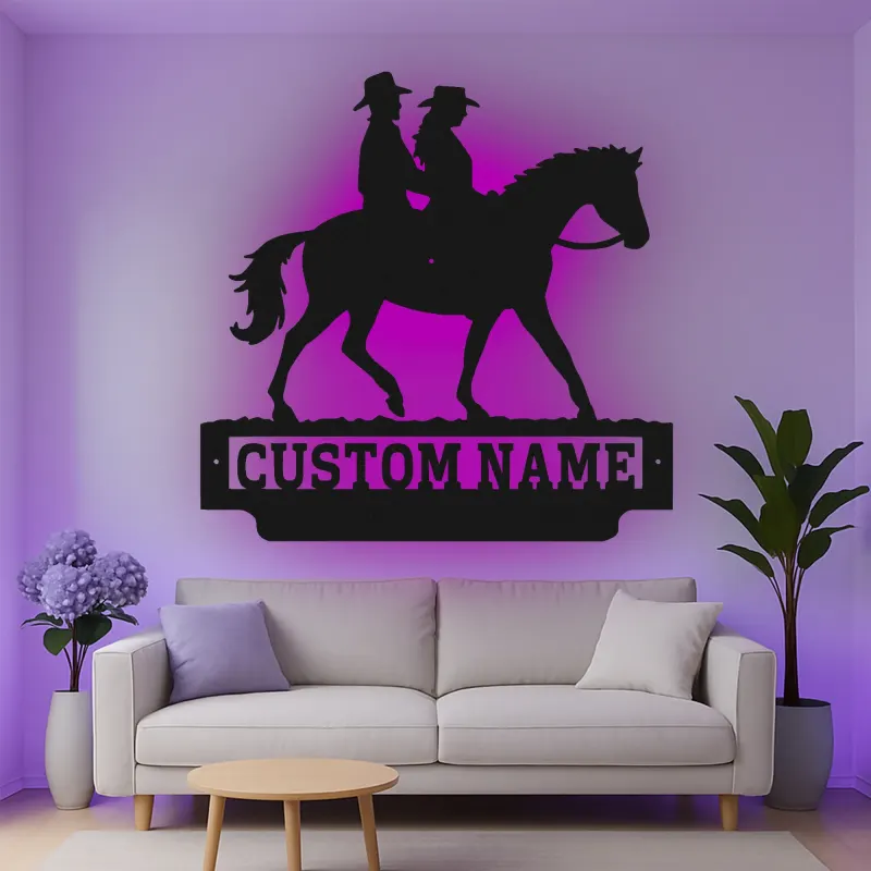 Custom Cowboy Couple on Horse Led Light Metal Wall Art Western Gift for Couples Ranch Home Decor