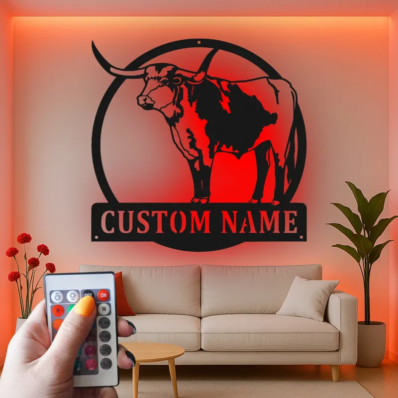 Custom Texas Longhorn Sign | LED Metal Wall Art for Ranch Decor | Personalized Farmhouse Cattle Gift