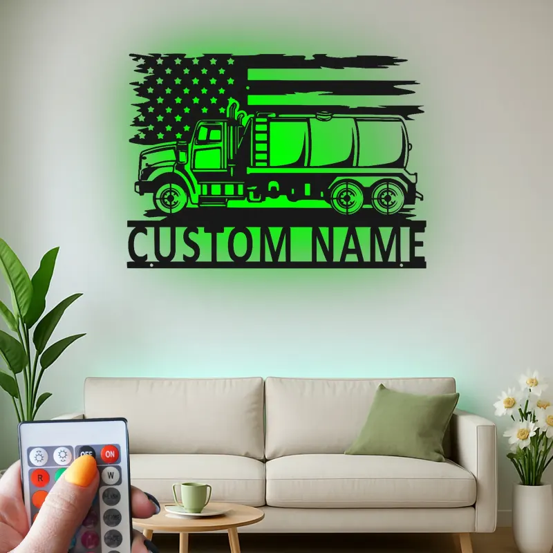Panneau LED Trucker Personnalisé | Décoration Murale en Métal de Camion Citernes Personnalisée | Décor de Garage Drapeau Américain pour Papa