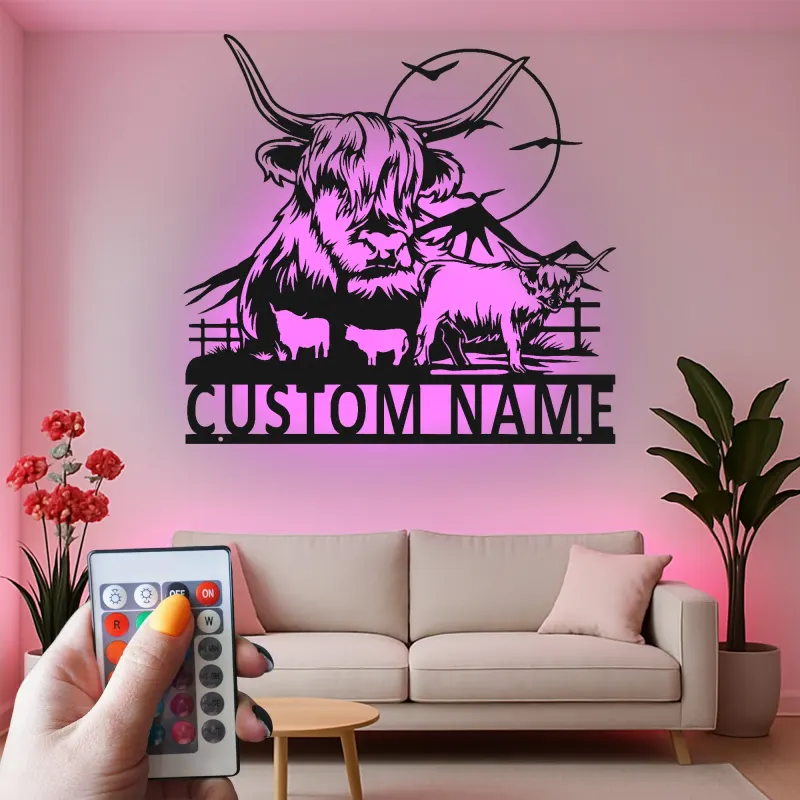 Highland Cow Metal Wall Art | Custom LED Sign for Farmhouse Decor | Personalized Ranch Home Gift for Cow Lovers