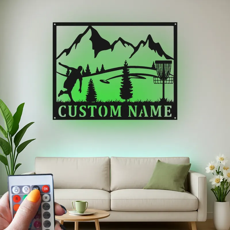 Insegna in metallo LED a forma di disc golf personalizzata - Regalo per appassionati di disc golf, decorazione per sala giochi o esterni