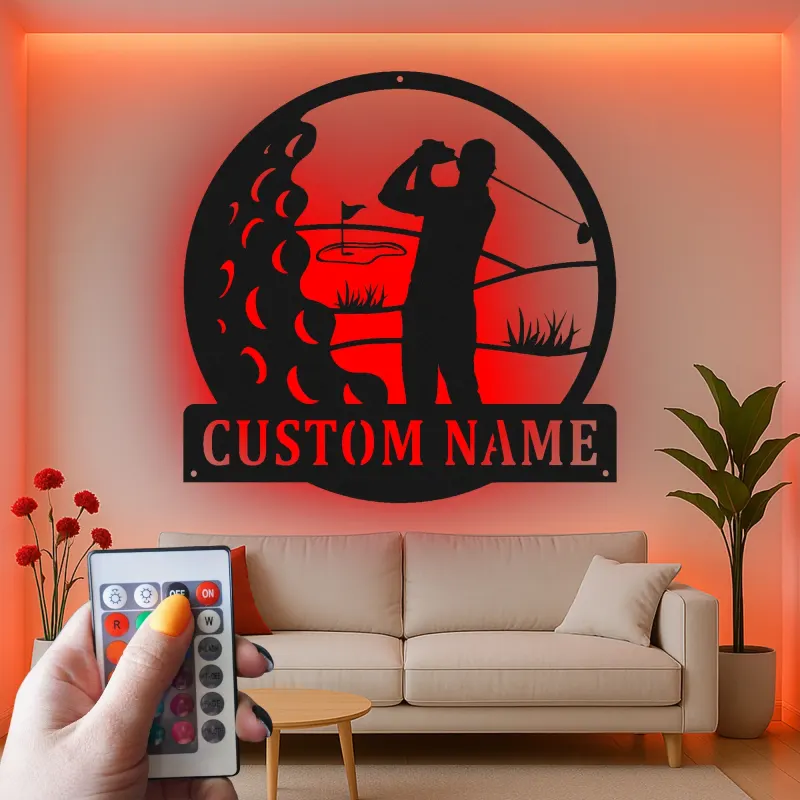 Panneau métallique personnalisé pour golfeur | Décoration LED avec prénom | Cadeau pour amateur de golf | Déco de man cave et bar à domicile