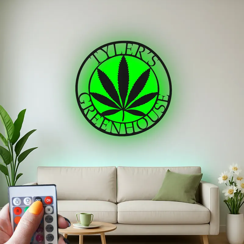 Custom Cannabis Leaf Led Light Metal Wall Art Personalized Gift for Greenhouse Enthusiasts Home Decor