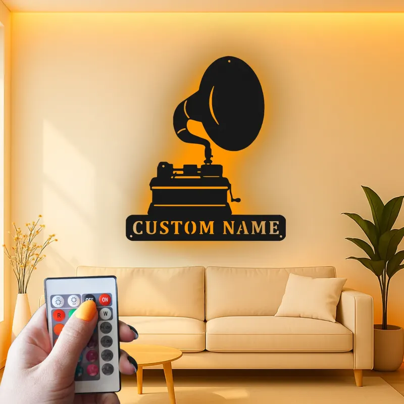 Personalisierte Vintage Phonograph LED Licht Metall-Wandkunst Geschenk für Musikliebhaber, Retro-Wohnzimmer-Dekor