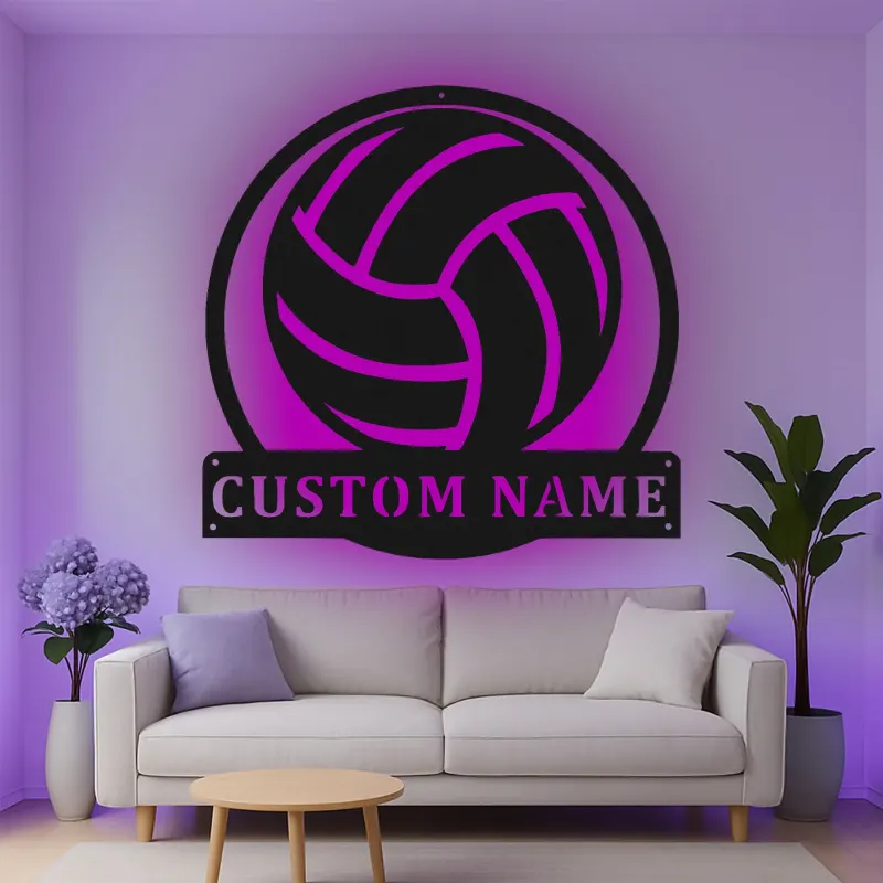 Personalisierte Metall-Wandkunst mit Volleyball und LED-Beleuchtung – Geschenk für Volleyballspieler, Dekoration für Spielzimmer oder Sportbereich