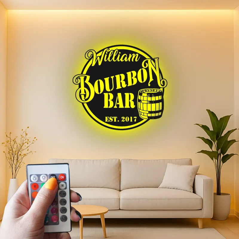 Custom Bourbon Bar Led Light Metal Wall Art Personalized Gift for Home Bar Man Cave Decor