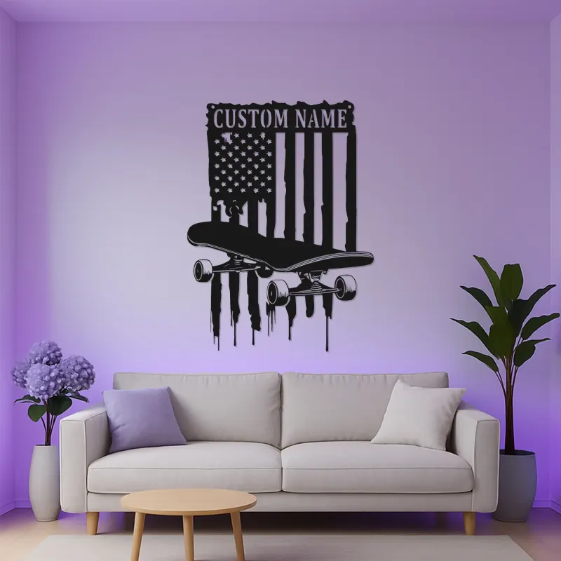 Panneau de nom en skateboard personnalisé | Décoration murale en métal LED | Décor de chambre d'adolescent avec drapeau américain | Cadeau personnalisé pour skateur