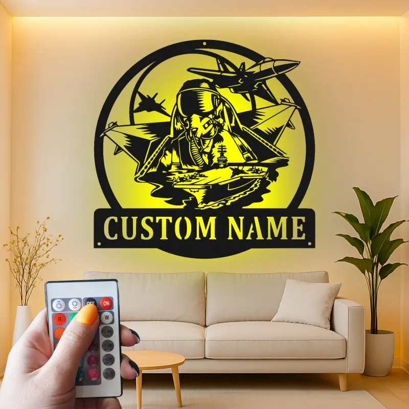 Enseigne pilote avion de chasse personnalisée | Art mural LED en métal | Décoration murale aviation pour aviateurs et cadeau militaire
