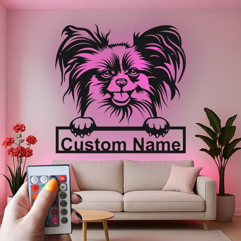 Art Murale Métal LED Chien Papillon | Panneau de Nom Personnalisé pour Animal de Compagnie | Cadeau Personnalisé pour Maman Chien | Décoration Moderne pour Salon