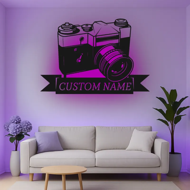 Personalisierte Vintage Kamera LED Licht Metall-Wandkunst Geschenk für Fotografen, Studio- oder Bürodekor 1