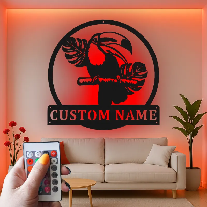 Custom Toucan Metal Sign with LED | Personalized Tropical Wall Art | Jungle Theme Decor for Patio, Sunroom & Office | Exotic Bird Gift