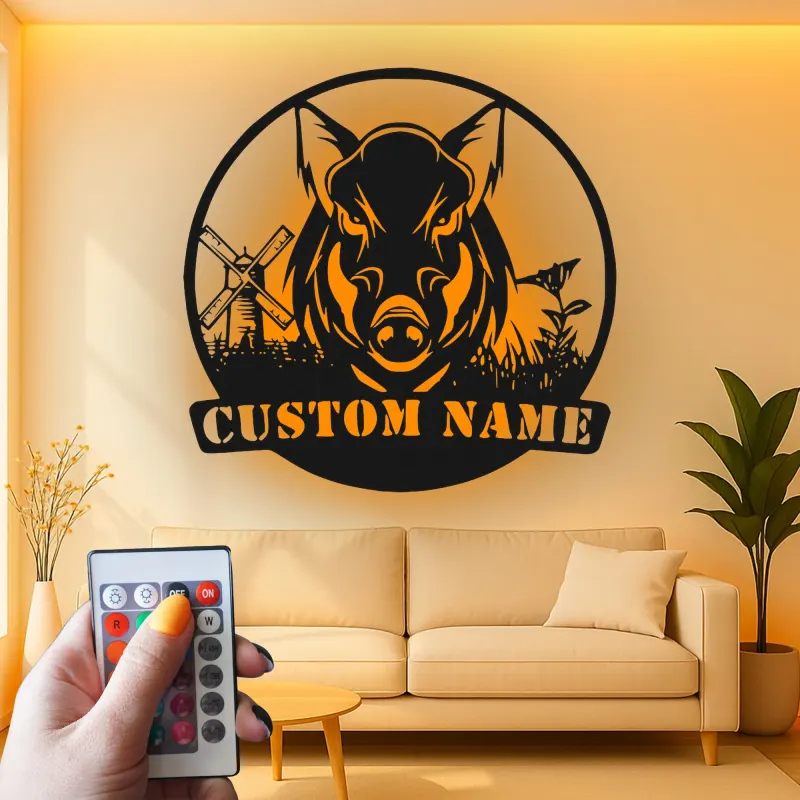 Cartel de metal personalizado con luz LED de jabalí, regalo personalizado para cazadores, decoración rústica de cabaña