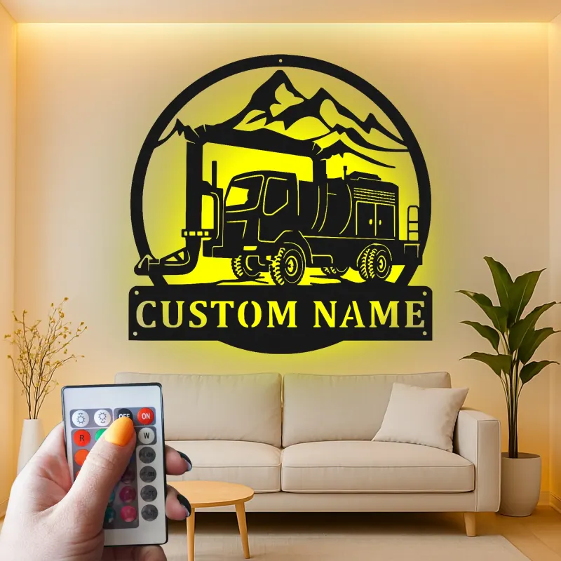 Custom Mountain Crane Truck Led Light Metal Wall Art Personalized Gift for Construction Enthusiasts Garage Decor