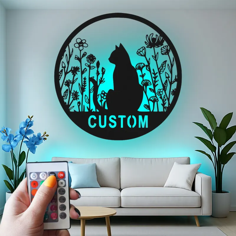 Insegna in metallo personalizzata con silhouette di gatto e luce LED regalo per amanti dei gatti decorazione per camera da letto o soggiorno 1