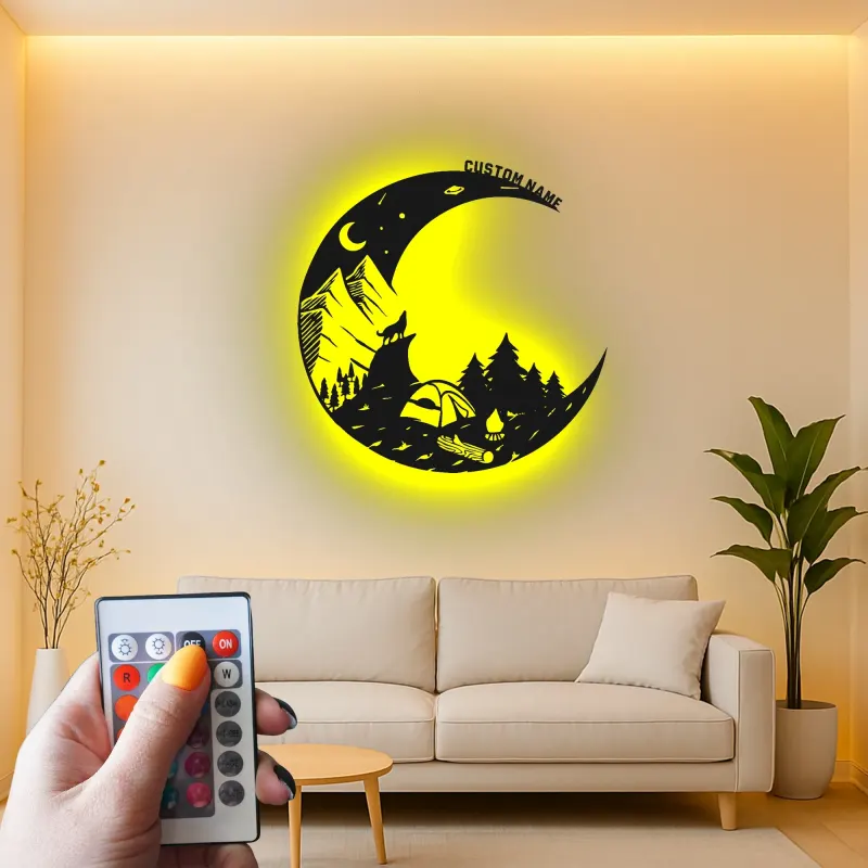 Insegna in metallo LED personalizzata con scena di campeggio regalo per appassionati di outdoor decor per cabin rustica