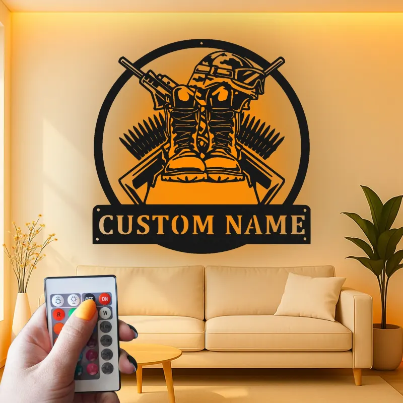 Letrero LED conmemorativo militar | Decoración mural personalizada en homenaje a veteranos | Decoración personalizada con botas y casco de soldado