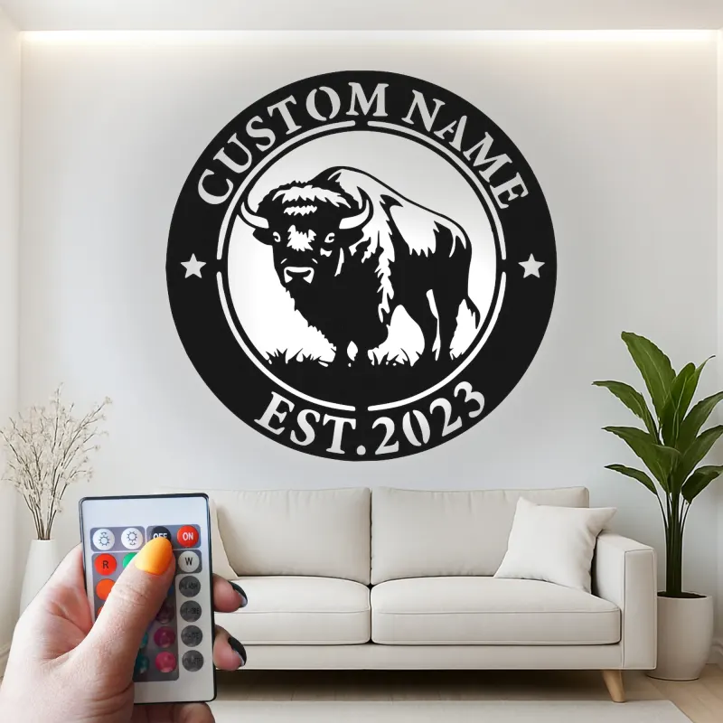 Insegna in metallo LED personalizzata con bufalo, regalo per ranch, decorazione rustica per soggiorno