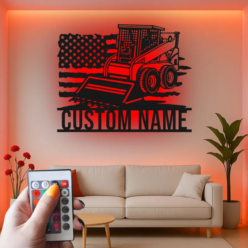 Skid Steer Loader Metalltafel | Personalisierte LED-Wandkunst | Individuelle Dekoration für Baumaschinen | Garage & Werkstatt-Schild mit USA-Flagge