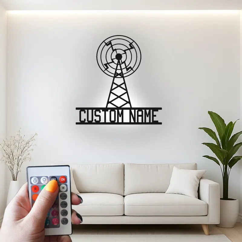 Personalisierte LED Metall-Wandkunst eines Funkmastes | Individuelles Retro-Broadcasting-Schild | Vintage Radio Antenne Dekor für Studio & Büro