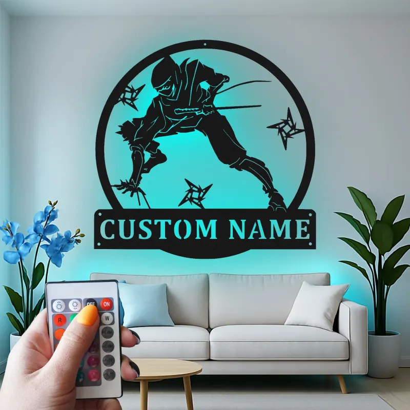 Cartel LED personalizado de ninja guerrero | Decoración mural de metal personalizada | Decoración de artes marciales para sala gamer y dojo