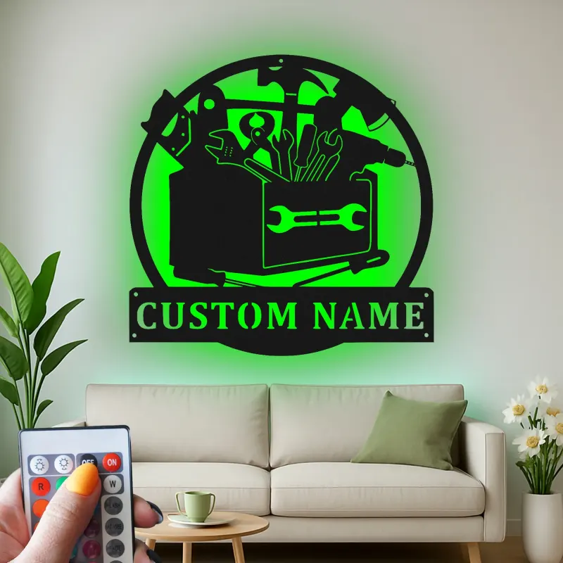 Insegna LED Toolbox Personalizzata | Arte Murale in Metallo Personalizzata | Decorazione per Laboratorio e Garage | Regalo per Falegname o Artigiano