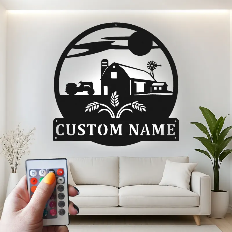 Personalized Farmhouse Sign with LED | Custom Metal Tractor Art | Rustic Ranch Name Decor | Gift for Farmer
