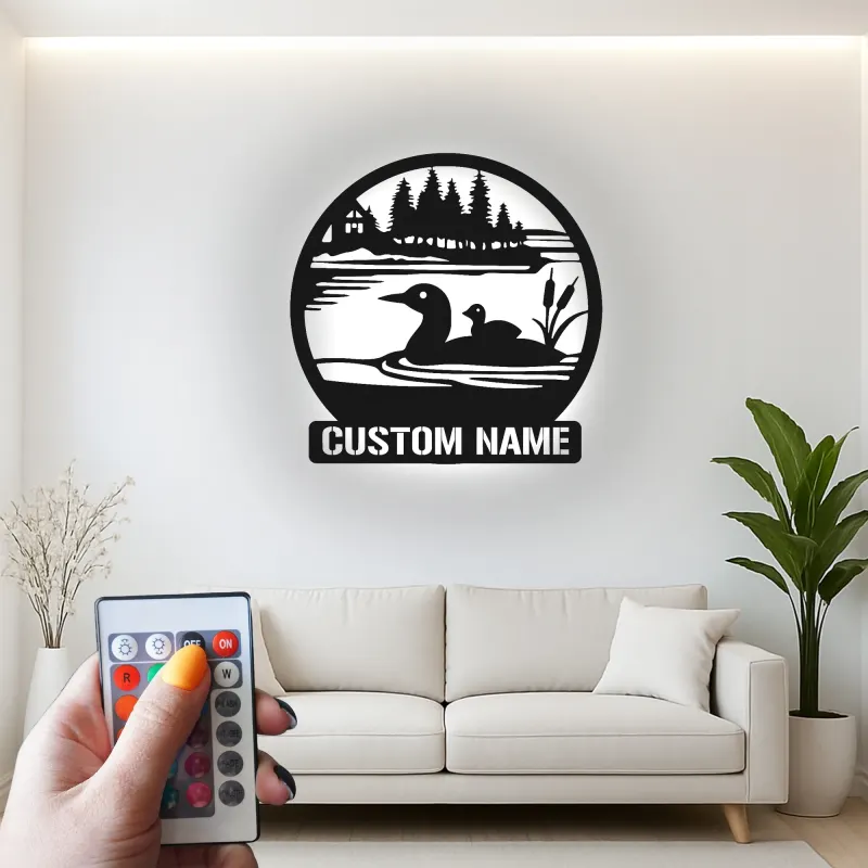 Panneau métallique personnalisé plongeon huard avec LED | Décoration murale pour maison de lac | Déco rustique pour amoureux de la nature