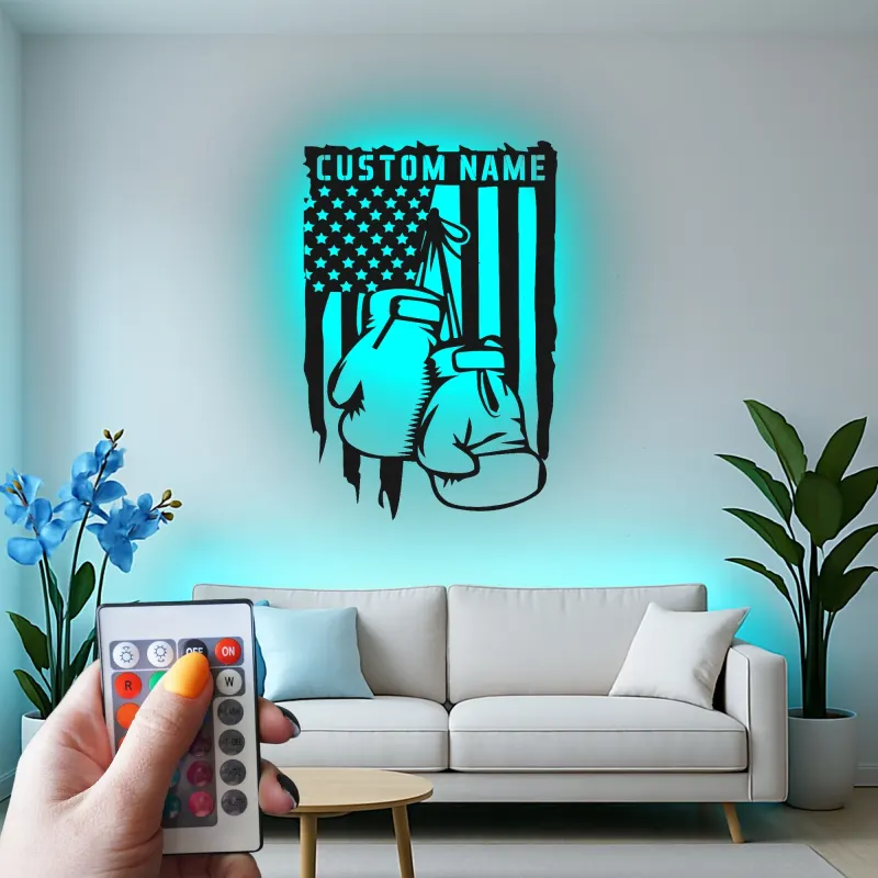 Personalisierte LED-beleuchtete Metall-Wandkunst mit Boxhandschuhen – Geschenk für Boxer, Fitnessstudio oder Männerhöhle