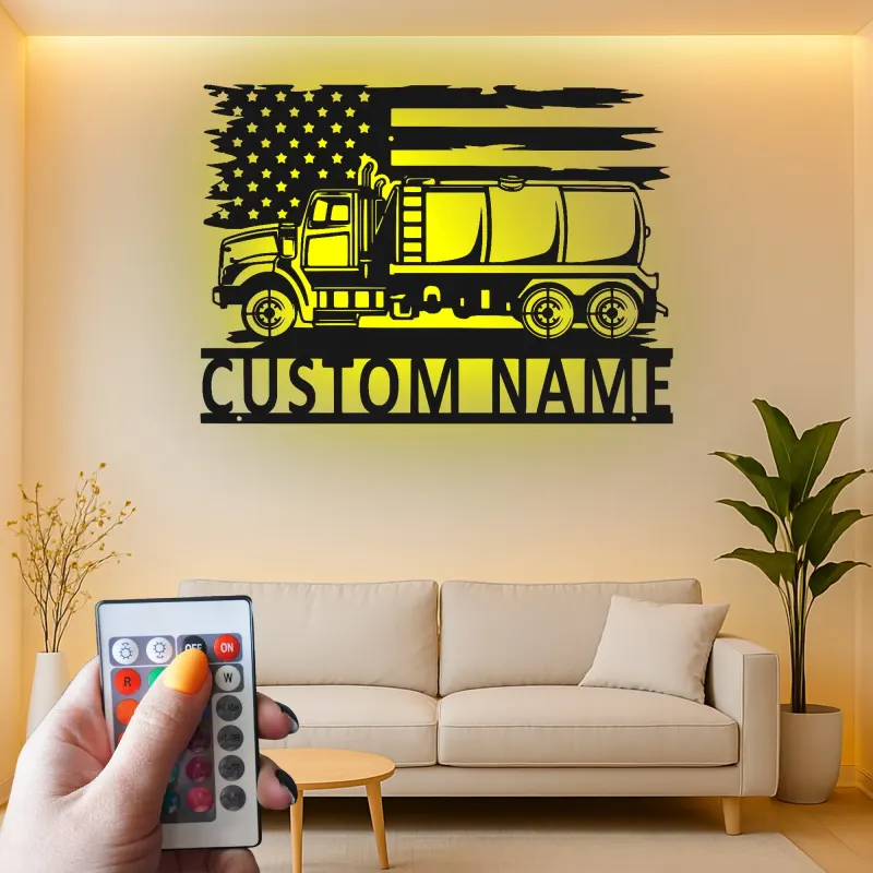 Panneau LED Trucker Personnalisé | Décoration Murale en Métal de Camion Citernes Personnalisée | Décor de Garage Drapeau Américain pour Papa