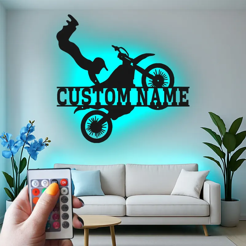 Personalisierte Motocross LED-Leuchte | Individuelle Metall-Wandkunst für den Man Cave | Geschenk für Extremsportler