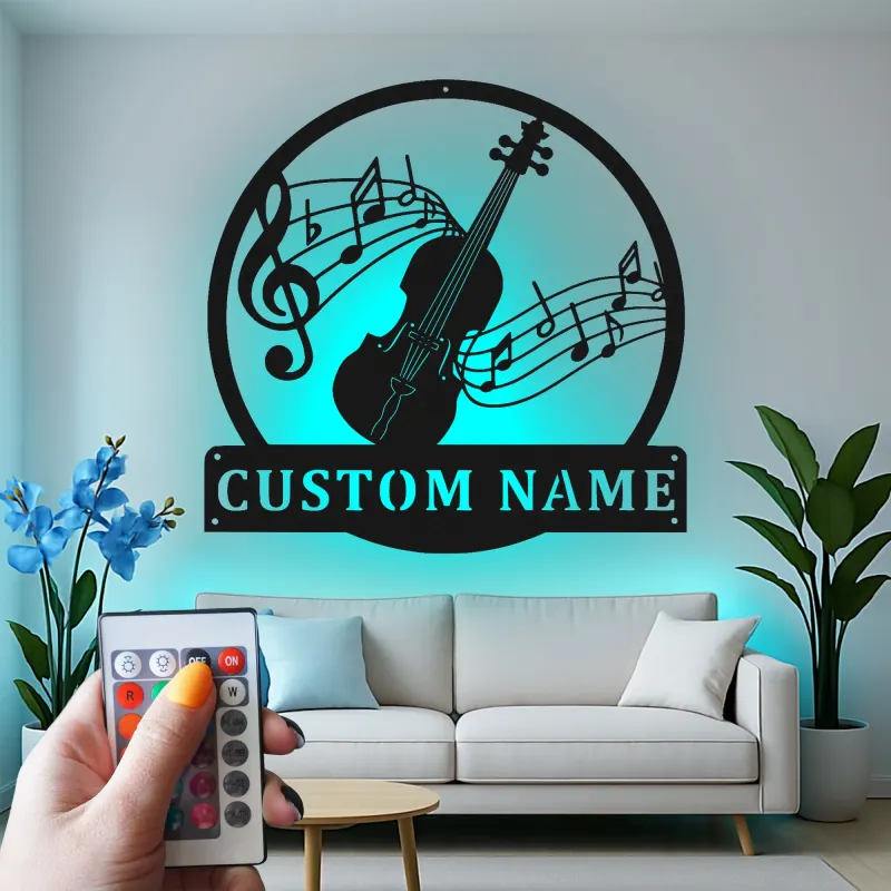Insegna in metallo LED personalizzata con note musicali di violino - Regalo per musicisti, decorazione per studio o sala musica