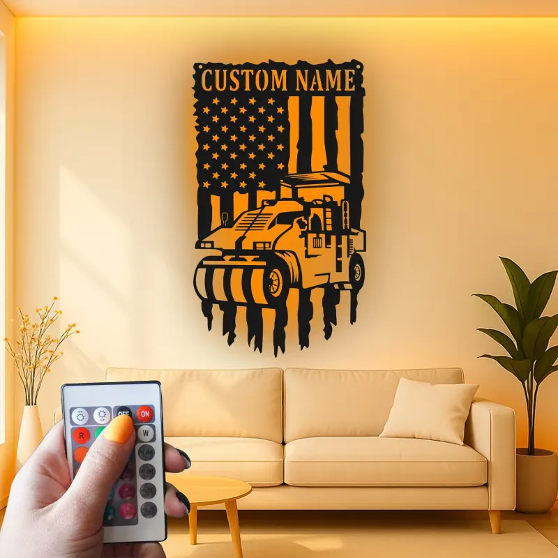 Road Roller Metal Wall Art | Personalized Construction LED Sign | American Flag Heavy Equipment Decor for Office or Garage