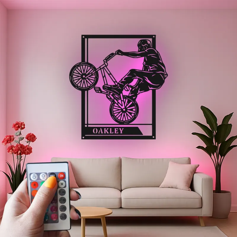 Custom BMX Rider Led Light Metal Wall Art Personalized Gift for Cyclists Garage or Bedroom Decor