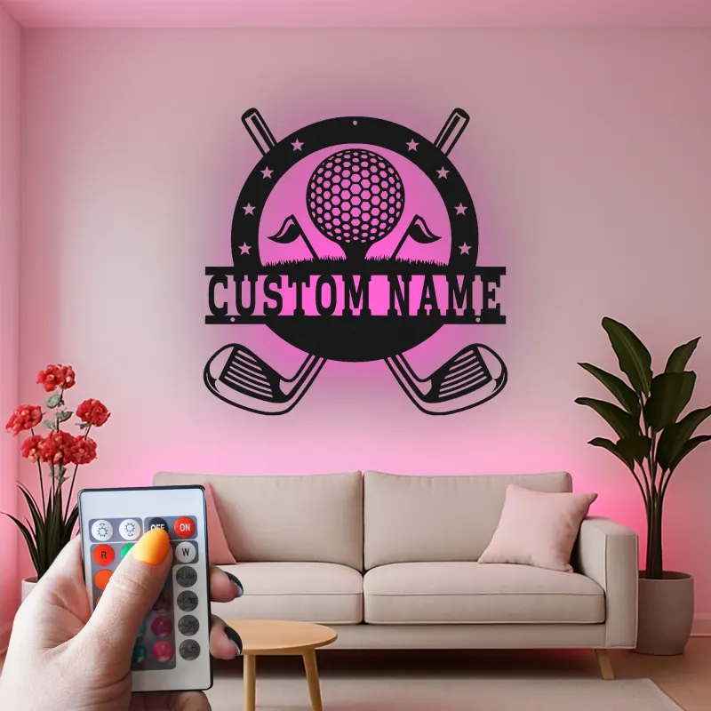 Enseigne prénom de golf personnalisée avec LED | Décoration murale en métal sur mesure | Cadeau golfeur pour lui | Déco man cave et bureau