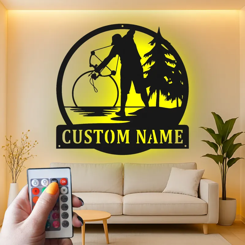 Custom Bow Hunter Led Light Metal Wall Art Personalized Gift for Archery Enthusiasts Rustic Cabin Decor