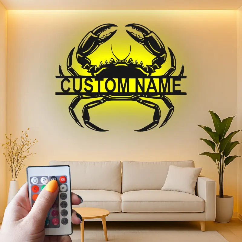 Cartel de metal personalizado de cangrejo con luz LED, regalo de casa de playa costero, decoración para amantes del océano
