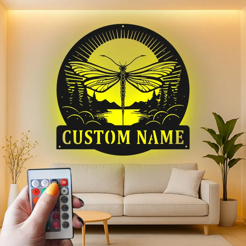 Cartel de metal personalizado con luz LED de libélula Regalo para amantes de la naturaleza Decoración para dormitorio o salón 3