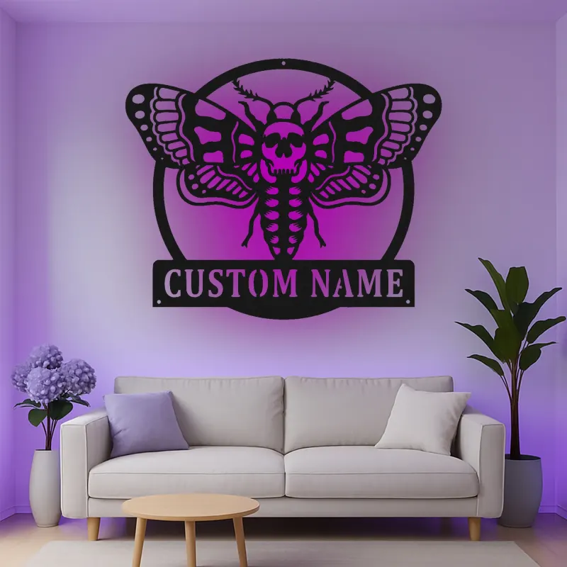 Insegna in metallo LED a forma di falena della morte personalizzata - Regalo unico per amanti del decor gotico per camera da letto o soggiorno