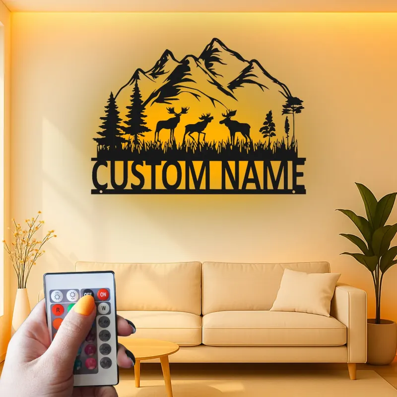 Custom Moose Mountain Metal Sign | LED Rustic Wildlife Wall Art | Personalized Cabin Decor Gift for Nature Lovers