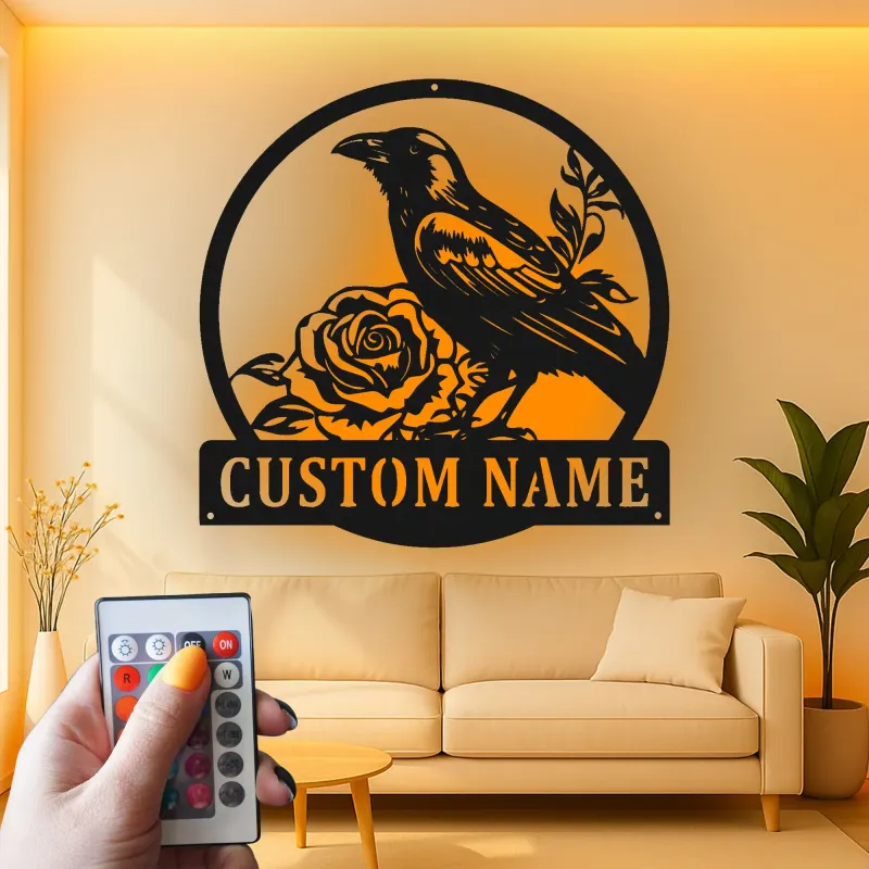 Individuelles Raben-Metallschild | Personalisierte gotische Rosen-Wandkunst | LED-beleuchtete Vintage-Vogel-Dekoration für Zuhause oder Büro