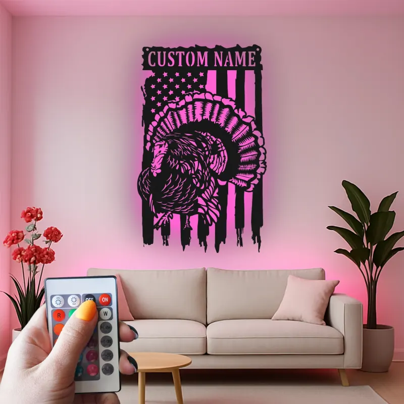 Personalisiertes LED-Metallschild mit Truthahn und amerikanischer Flagge