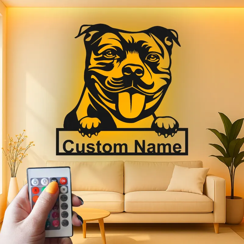 Décoration murale en métal LED personnalisée pour Pit Bull - Cadeau pour amoureux des chiens - Décor pour salon