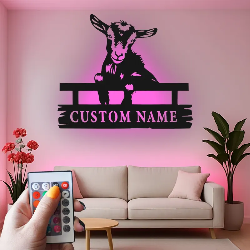 Letrero de metal LED de cabra personalizado | Decoración farmhouse personalizada | Arte mural rústico de granja para agricultores