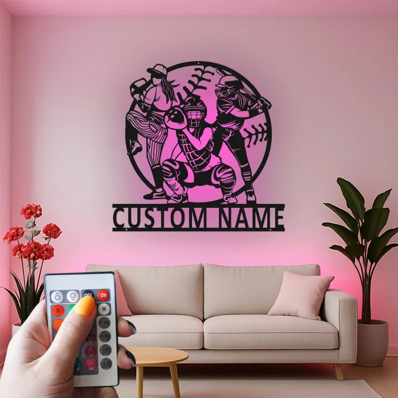 Insegna con Nome Personalizzato per Softball | Arte in Metallo LED | Regalo per Giocatore Personalizzato | Decorazione per Stanza Sportiva